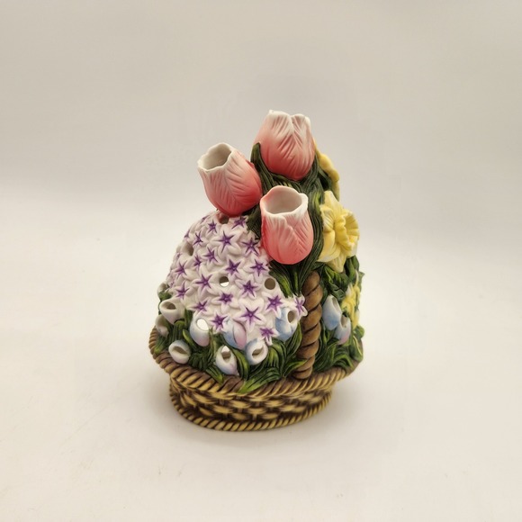Vintage PartyLite Floral Garden Basket Ceramic Candle Holder Tulips Daffodils - Picture 2 of 10